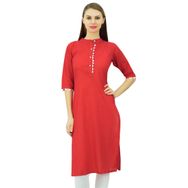 Phagun Pamuk Düz Kurti Tasarımcı Tunik Mandarin Yaka Etnik Günlük Kurta Kırmızı Kadın Bluz