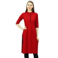Phagun Pamuk Düz Kurti Tasarımcı Tunik Mandarin Yaka Etnik Günlük Kurta Koyu Kırmızı Kadın Bluz