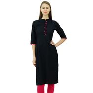 Phagun Pamuk Düz Kurti Tasarımcı Tunik Mandarin Yaka Etnik Günlük Kurta Siyah Kadın Bluz