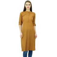 Phagun Pamuk Düz Kurti Tunik Mandarin Yaka Etnik Günlük Kurta Açık Kahverengi Kadın Bluz