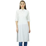 Phagun Pamuk Düz Kurti Tunik Mandarin Yaka Etnik Günlük Kurta Beyaz Kadın Bluz