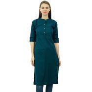 Phagun Pamuk Düz Kurti Tunik Mandarin Yaka Etnik Günlük Kurta Cam Göbeği Kadın Bluz