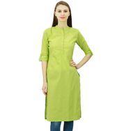 Phagun Pamuk Düz Kurti Tunik Mandarin Yaka Etnik Günlük Kurta Limon Yeşili Kadın Bluz
