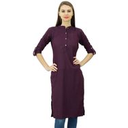 Phagun Pamuk Düz Kurti Tunik Mandarin Yaka Etnik Günlük Kurta Mor Kadın Bluz