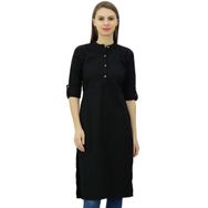 Phagun Pamuk Düz Kurti Tunik Mandarin Yaka Etnik Günlük Kurta Siyah Kadın Bluz