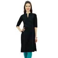 Phagun Pamuk Düz Pintex Kurta Kurti Günlük Yaz Hint Etnik Siyah Kadın Tunik
