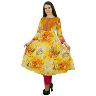 Phagun Pamuk Etnik Kurta 3/4 Kol Tasarımcı Anarkali Çiçekli Kurti Sarı Pembe Kadın Elbise