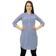 Phagun Pamuk Puantiyeli Baskı Kurti Etnik Tasarımcı Kurta Günlük Beyaz Mavi Kadın Elbise