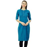 Phagun Pamuk Tasarımcı Kurta Etnik Üst Hint Düz Kurti Cam Göbeği Mavisi Kadın Tunik