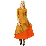 Phagun Pamuklu Kurti Etnik Kurta Günlük Çiçek Baskılı Tasarım Turuncu Kırmızı Kadın Elbise