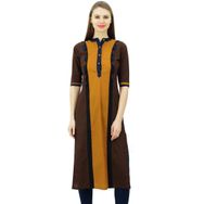 Phagun Pamuklu Tunik Üst Düz Kurta Günlük Yazlık Çin Yakalı Kahverengi ve Ocher Sarısı Kadın Bluz
