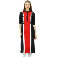 Phagun Pamuklu Tunik Üst Düz Kurta Günlük Yazlık Çin Yakalı Siyah ve Kırmızı Kadın Bluz