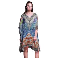 Phagun Plaj Kaftan Bikini Örtü Midi Kısa Kaftan Mavi Kadın Elbise