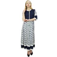 Phagun Suni İpek Baskılı Anarkali Kurta Kurti 3/4 Kollu Günlük Lacivert ve Beyaz Kadın Bluz