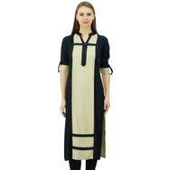 Phagun Suni İpek Düz Panelli Kurta Günlük Yazlık Tunik Siyah ve Bej Kadın Bluz