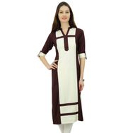 Phagun Suni İpek Düz Pannel Kurta Kurti 3/4 Kollu Günlük Yazlık Tunik Beyaz ve Kahverengi Kadın Bluz