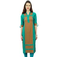 Phagun Suni İpek Düz Pannel Kurta Kurti 3/4 Kollu Günlük Yazlık Tunik Camgöbeği Yeşil ve Kahverengi Kadın Bluz