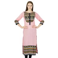 Phagun Tasarımcı Bollywood Etnik Kurta Pamuk Baskılı Kurti Günlük Pembe ve Siyah Kadın Tunik