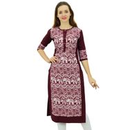 Phagun Tasarımcı Düz Kurta 3/4 Kol Baskılı Günlük Kurti Bordo Kadın Elbise
