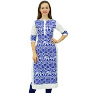 Phagun Tasarımcı Düz Kurta 3/4 Kol Baskılı Günlük Kurti Kraliyet Mavisi Kadın Elbise