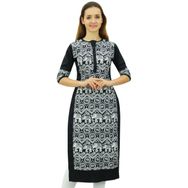 Phagun Tasarımcı Düz Kurta 3/4 Kol Baskılı Günlük Kurti Siyah Kadın Elbise