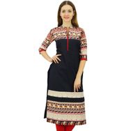 Phagun Tasarımcı Düz Kurti Etnik Bant Yaka Kurta Siyah Kadın Elbise