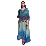 Phagun Tribal Feather Uzun Plaj Kaftan Bikini Örtü Maksi Medium Mavi Kadın Elbise