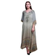 Phagun Yapraklar ve Çiçekli Etnik Kaftan Tatil Ev Giysisi Maksi Plaj Örtüsü Açık Kahverengi Kadın Elbise