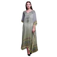 Phagun Yapraklar ve Çiçekli Etnik Kaftan Tatil Ev Giysisi Maksi Plaj Örtüsü Açık Yeşil Kadın Elbise