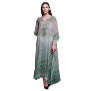 Phagun Yapraklar ve Çiçekli Etnik Kaftan Tatil Ev Giysisi Maksi Plaj Örtüsü Deniz Yeşili Kadın Elbise