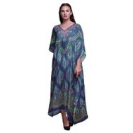 Phagun Yapraklar ve Çiçekli Etnik Kaftan Tatil Ev Giysisi Maksi Plaj Örtüsü Mavi Kadın Elbise
