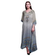 Phagun Yapraklar ve Çiçekli Etnik Kaftan Tatil Ev Giysisi Maksi Plaj Örtüsü Tozlu Mavi Kadın Elbise