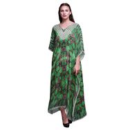 Phagun Yapraklar ve Gül Çiçekli Uzun Plaj Kaftan Bikini Örtü Maksi Yeşil Kadın Elbise