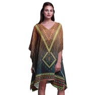 Phagun Yeşil Aztek Geometrik Kısa Plaj Kaftan Bikini Örtü Midi Medium Turuncu Kadın Elbise