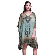 Phagun Yeşil Çiçekli Damasko Kısa Plaj Kaftan Bikini Örtü Midi Pastel Nane Yeşili Kadın Elbise