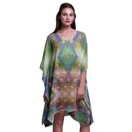 Phagun Yeşil Çiçekli ve Hayvan Derisi Plaj Kaftan Bikini Örtü Midi Kısa Kaftan Açık Yeşil Kadın Elbise
