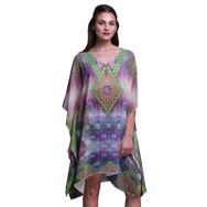 Phagun Yeşil Çiçekli ve Hayvan Derisi Plaj Kaftan Bikini Örtü Midi Kısa Kaftan Ametist Kadın Elbise