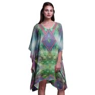 Phagun Yeşil Çiçekli ve Hayvan Derisi Plaj Kaftan Bikini Örtü Midi Kısa Kaftan Nane Yeşili Kadın Elbise
