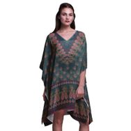Phagun Yeşil Çiçekli ve Şal Desenli Kaftan Tatil Ev Kıyafeti Midi Plaj Örtüsü Camgöbeği Yeşili Kadın Elbise