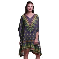 Phagun Yeşil Çiçekli ve Şal Desenli Kaftan Tatil Ev Kıyafeti Midi Plaj Örtüsü Koyu Mor Kadın Elbise