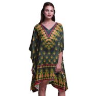 Phagun Yeşil Çiçekli ve Şal Desenli Kaftan Tatil Ev Kıyafeti Midi Plaj Örtüsü Koyu Yeşil Kadın Elbise
