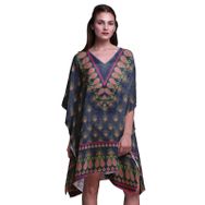 Phagun Yeşil Çiçekli ve Şal Desenli Kaftan Tatil Ev Kıyafeti Midi Plaj Örtüsü Lacivert Kadın Elbise