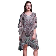 Phagun Yeşil Çiçekli ve Şal Desenli Kaftan Tatil Ev Kıyafeti Midi Plaj Örtüsü Soluk Pembe Kadın Elbise