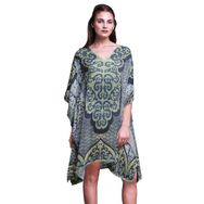 Phagun Yeşil Çiçekli ve Şal Desenli Kaftan Tatil Ev Kıyafeti Midi Plaj Örtüsü Tozlu Cam Göbeği Mavi Kadın Elbise