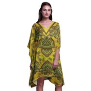 Phagun Yeşil Çiçekli ve Şal Desenli Kaftan Tatil Ev Kıyafeti Midi Plaj Örtüsü Yellow Kadın Elbise