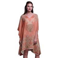 Phagun Yeşil Çiçekli ve Şal Desenli Plaj Kaftan Bikini Örtü Midi Kısa Kaftan Açık Pembe Somon Kadın Elbise