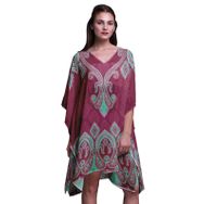Phagun Yeşil Çiçekli ve Şal Desenli Plaj Kaftan Bikini Örtü Midi Kısa Kaftan Bordo Kadın Elbise
