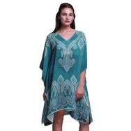 Phagun Yeşil Çiçekli ve Şal Desenli Plaj Kaftan Bikini Örtü Midi Kısa Kaftan Cam Göbeği Mavisi Kadın Elbise