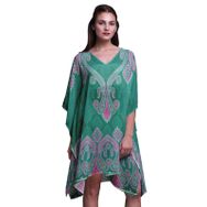 Phagun Yeşil Çiçekli ve Şal Desenli Plaj Kaftan Bikini Örtü Midi Kısa Kaftan Cam Göbeği Yeşili Kadın Elbise