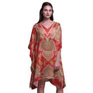 Phagun Yeşil Çiçekli ve Şal Desenli Plaj Kaftan Bikini Örtü Midi Kısa Kaftan Koyu Şeftali Kadın Elbise